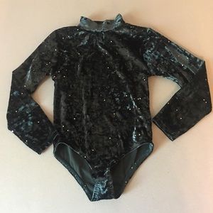 Zara bodysuit. green crushed velvet and gold.